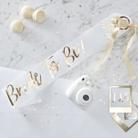 Bride to Be Sash White and Gold Foil